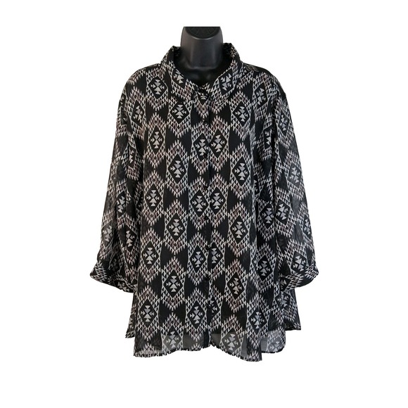 Simply Emma Tops - Simply Emma Women's Full Button Blouse Plus 3X Black White Geo Print Lightweight